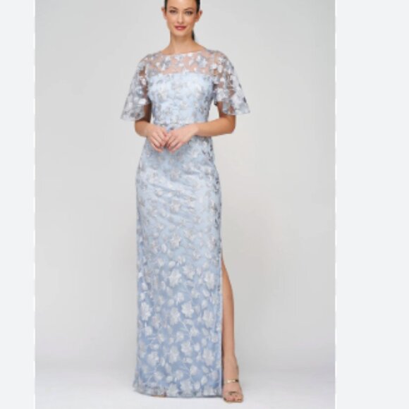 JS Collections Brooke Column Gown Lace Embroidered Floral Silver Azure - Picture 1 of 3